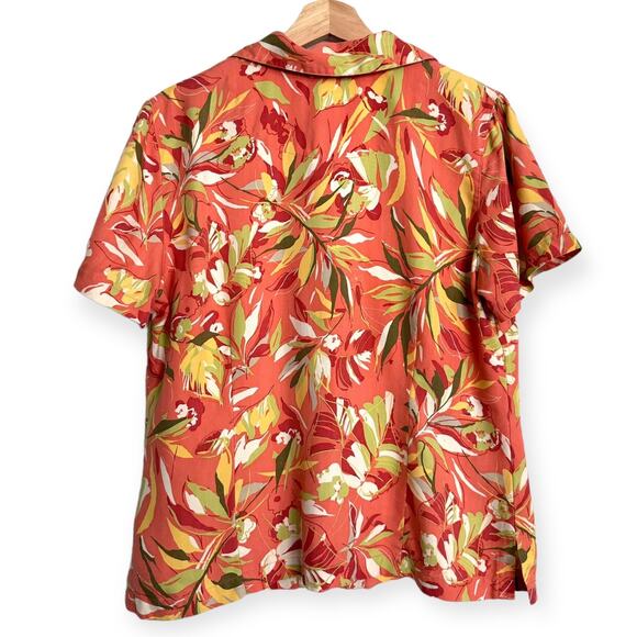 LizGolf 100% Silk Peach Hawaiian Print Structured Button Down Blouse Women's L - Picture 2 of 10